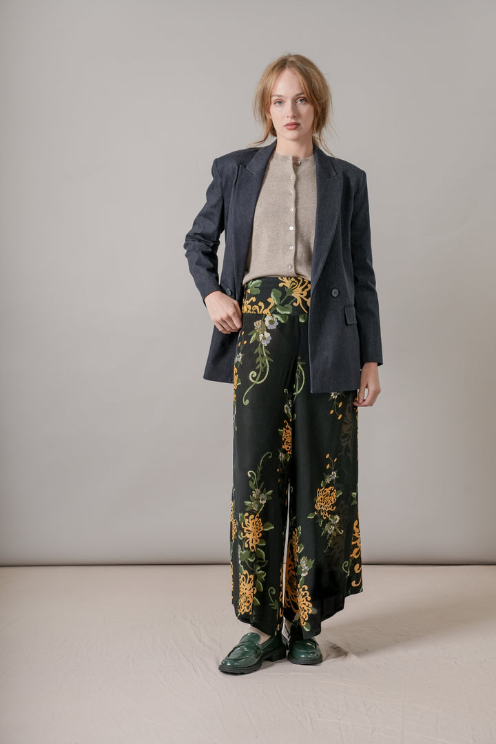 Chrysanthemum Black Crepe Palazzo Pants