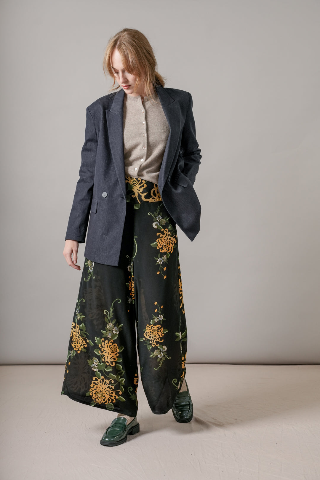 Chrysanthemum Black Crepe Palazzo Pants