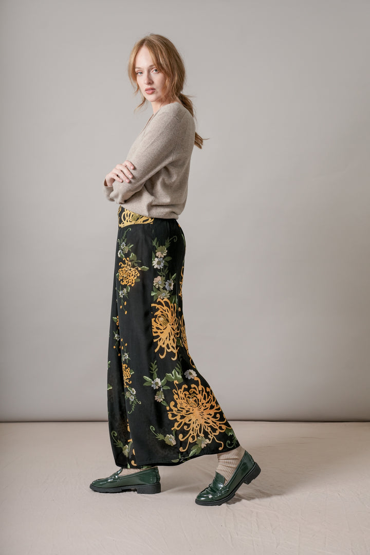 Chrysanthemum Black Crepe Palazzo Pants