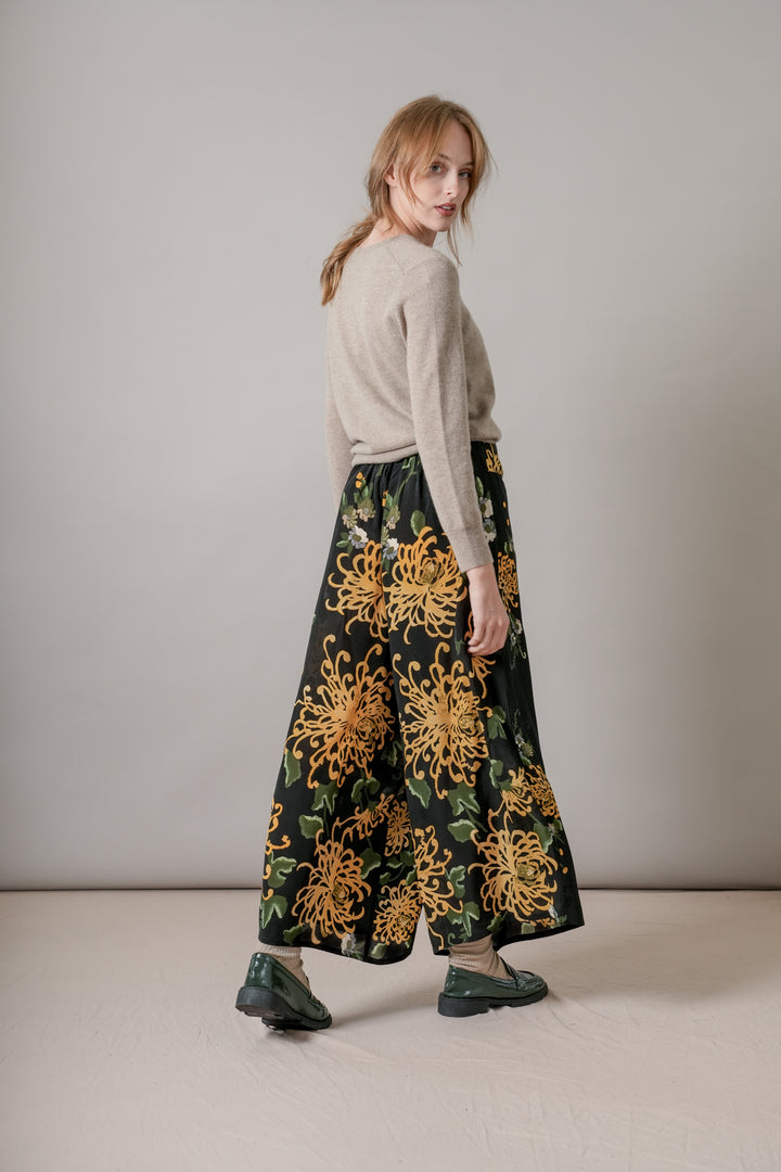 Chrysanthemum Black Crepe Palazzo Pants