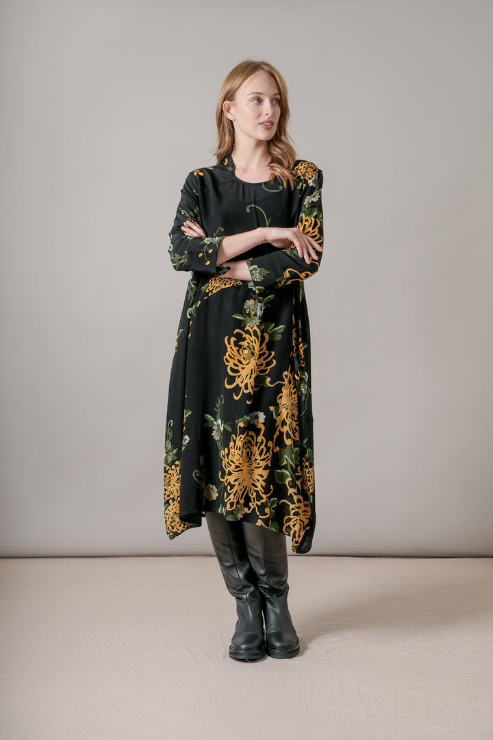 Chrysanthemum Black Asymmetric Dress - One Hundred Stars