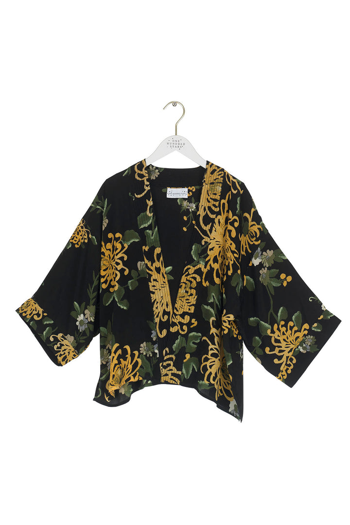 Chrysanthemum Black Crepe Kimono - One Hundred Stars