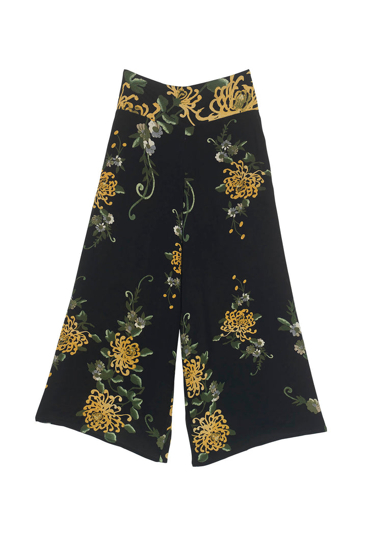 Chrysanthemum Black Crepe Palazzo Pants - One Hundred Stars