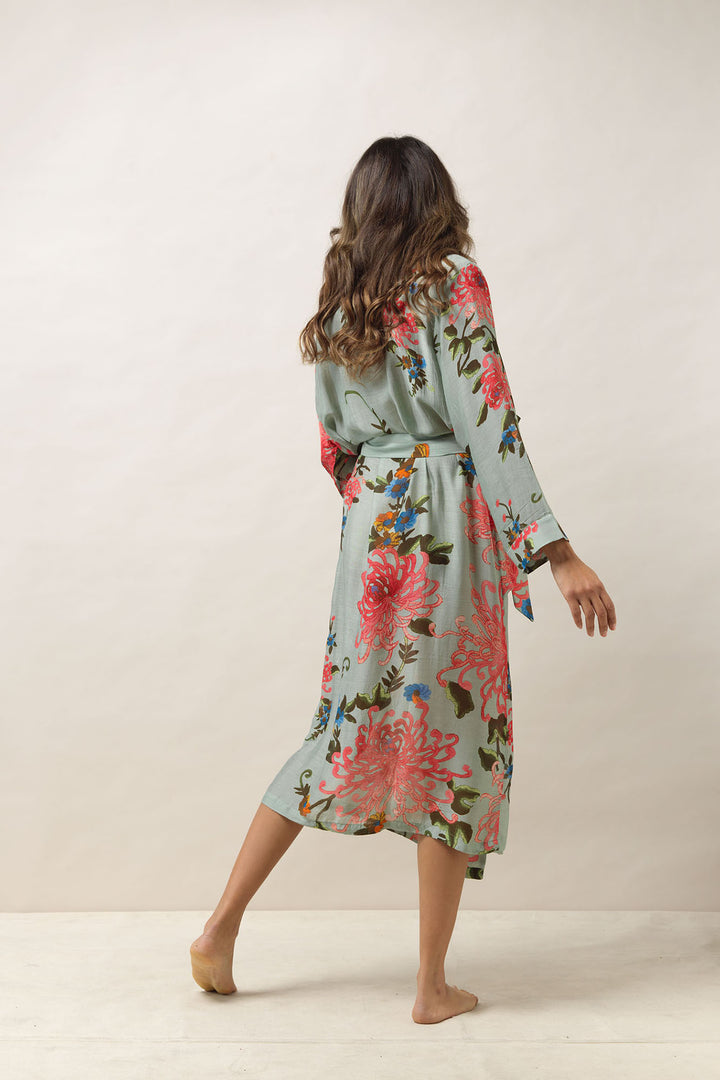 Women's loungewear lightweight gown in aqua with chrysanthemum print by One Hundred Stars