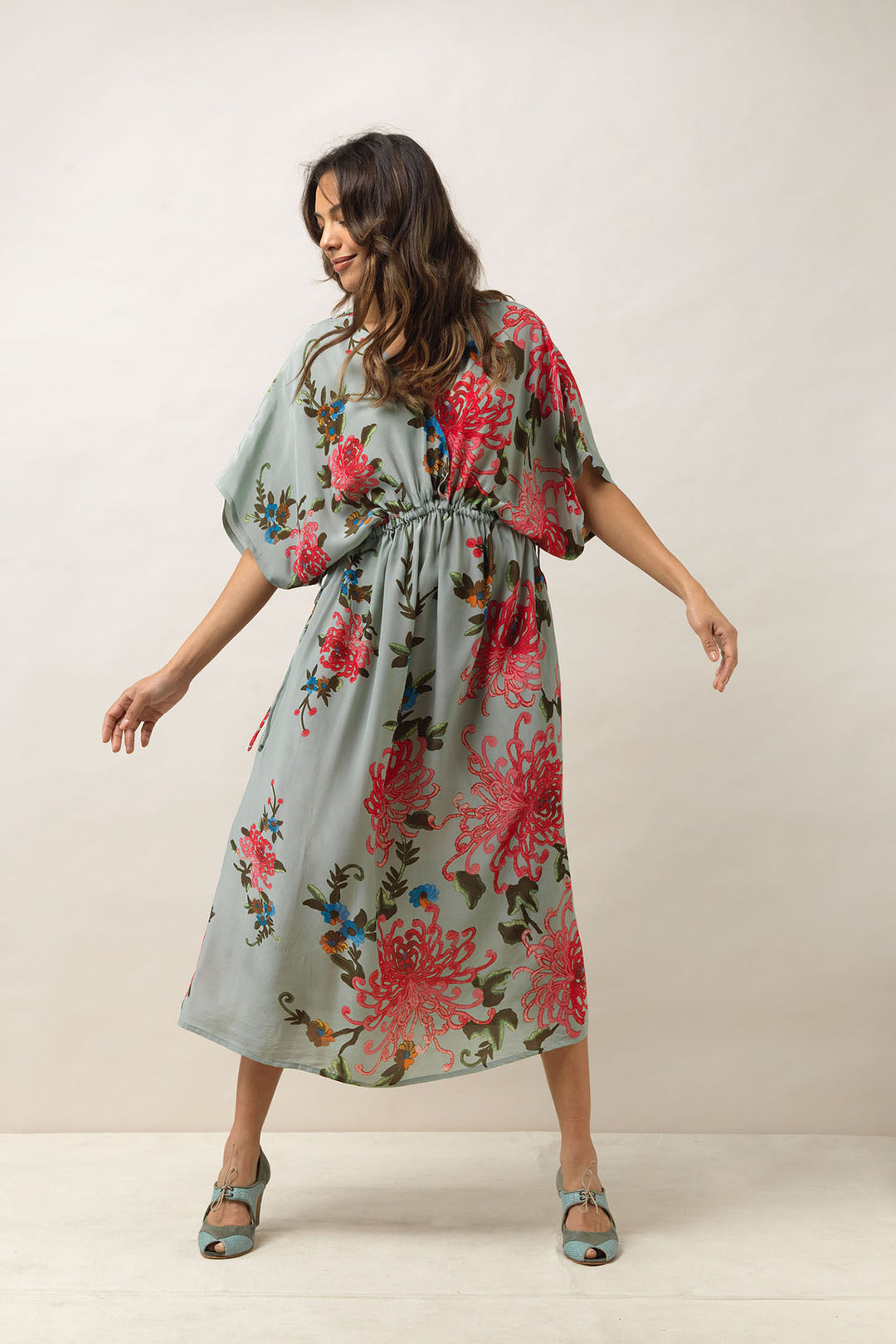 Women's lightweight beach cover up dress with tie waist in aqua with chrysanthemum print by One Hundred Stars