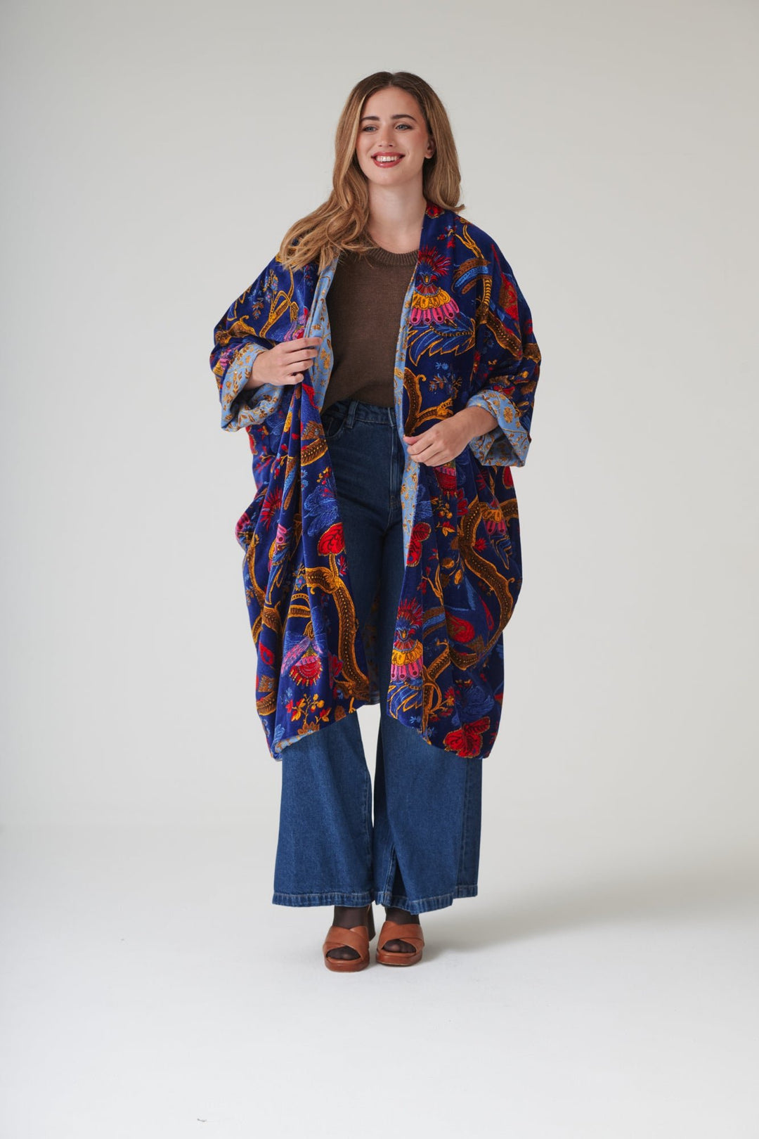 Climbing Peacock Royal Blue Velvet Grande Kimono - One Hundred Stars