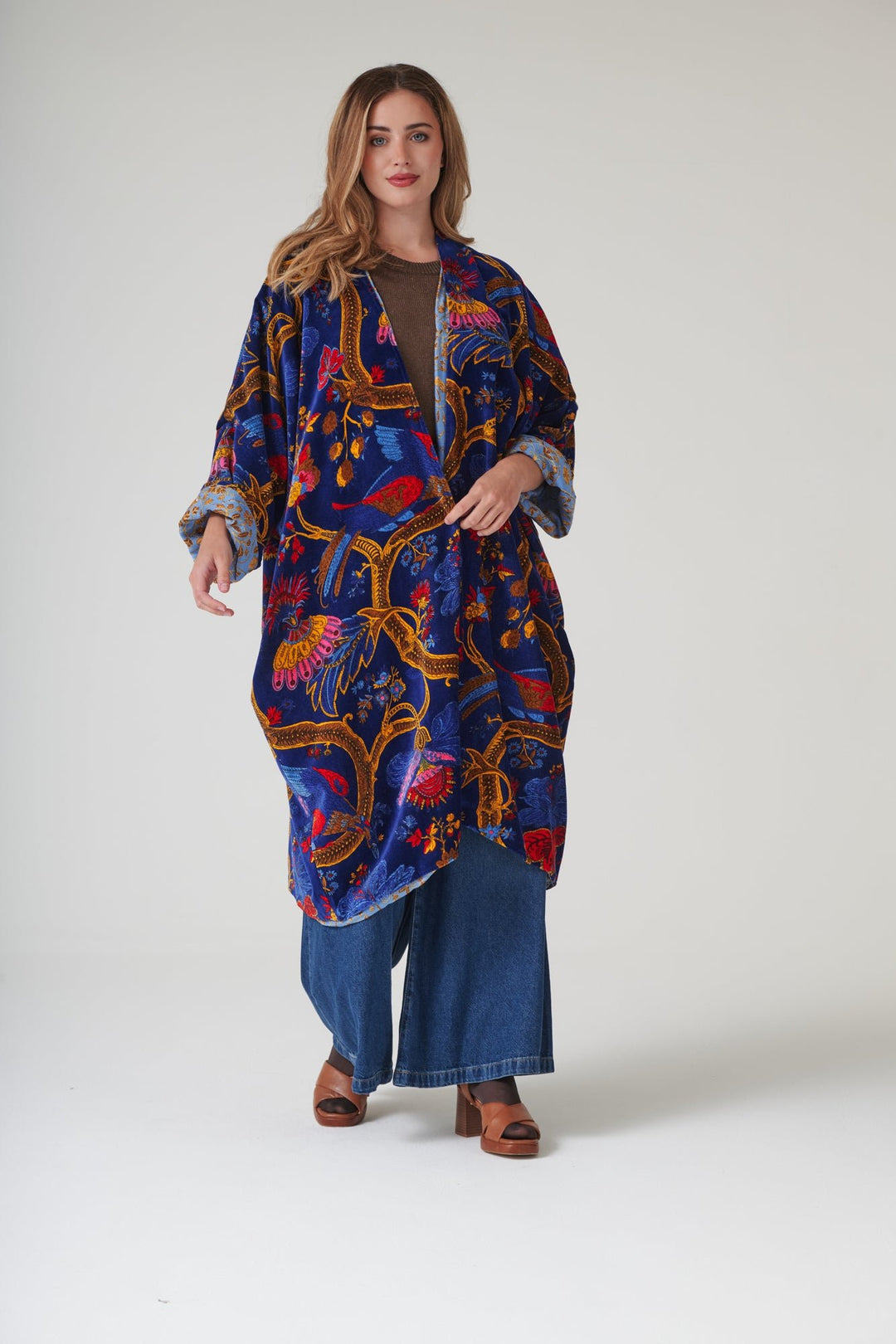 Climbing Peacock Royal Blue Velvet Grande Kimono - One Hundred Stars