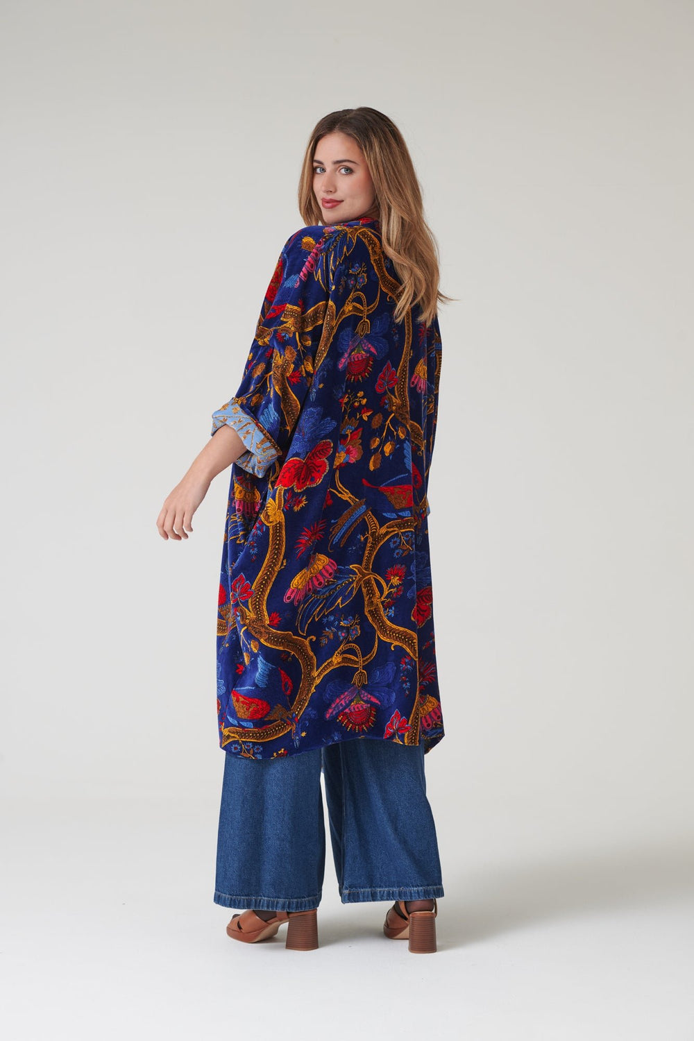 Climbing Peacock Royal Blue Velvet Grande Kimono - One Hundred Stars