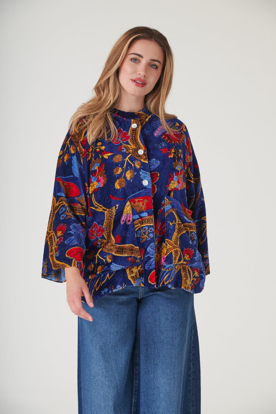 Climbing Peacock Royal Blue Velvet Jacket - One Hundred Stars