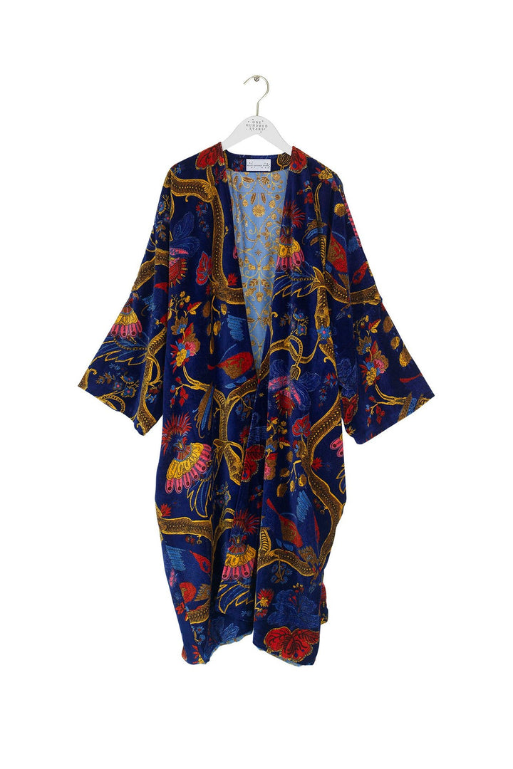 Climbing Peacock Royal Blue Velvet Grande Kimono - One Hundred Stars