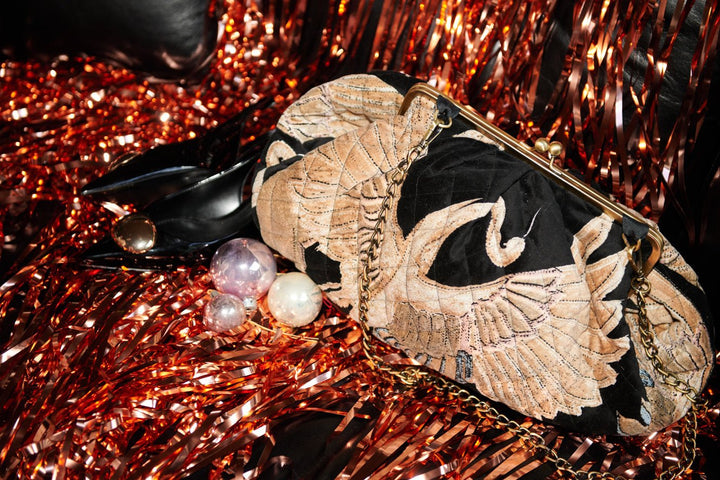 Crane Black Quilted Velvet Kiss Lock Bag - One Hundred Stars
