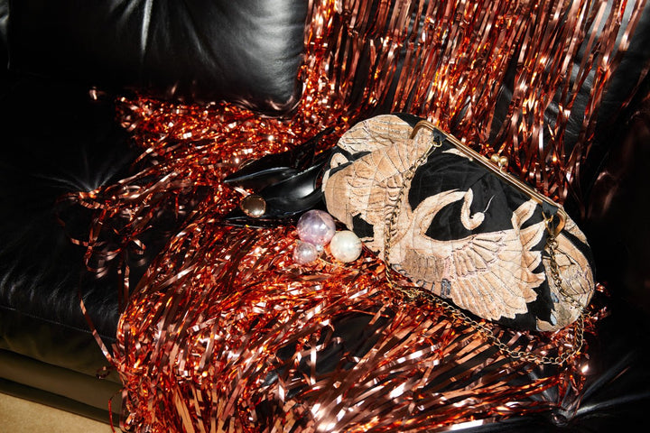 Crane Black Quilted Velvet Kiss Lock Bag - One Hundred Stars