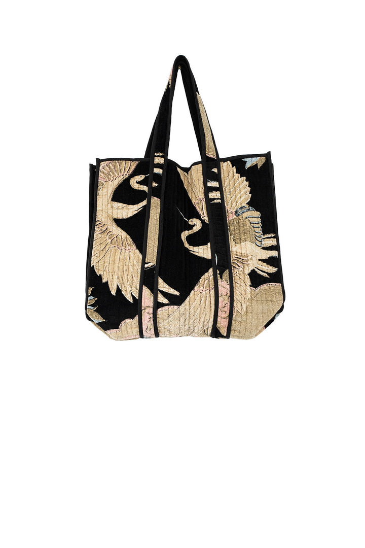 Crane Black Large Velvet Tote Bag - One Hundred Stars