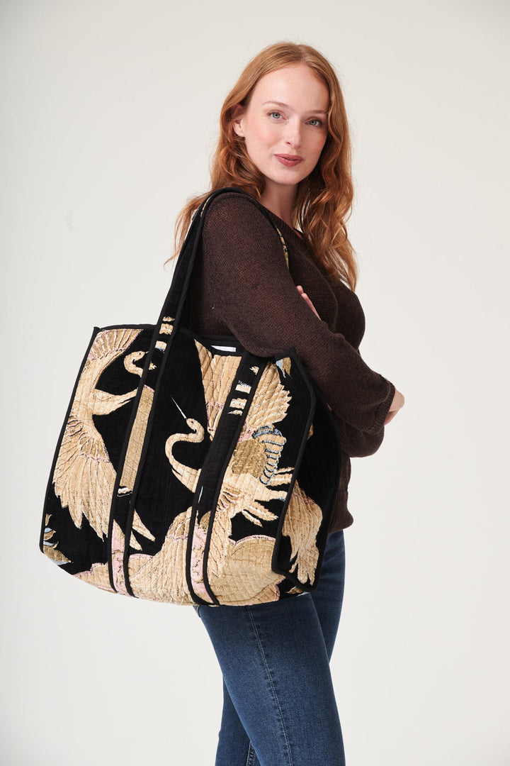 Crane Black Large Velvet Tote Bag - One Hundred Stars
