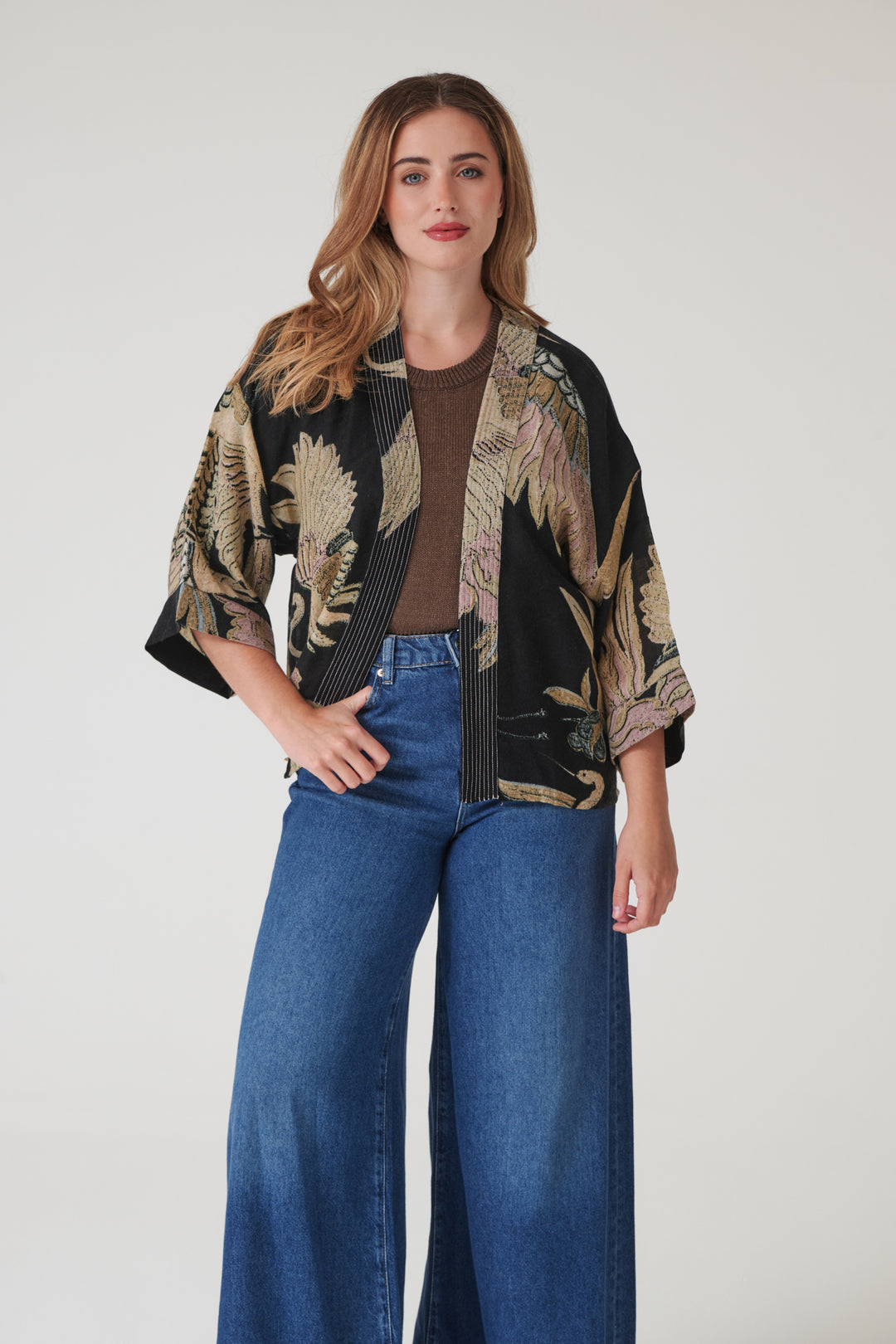 Crane Black Wool Kimono - One Hundred Stars
