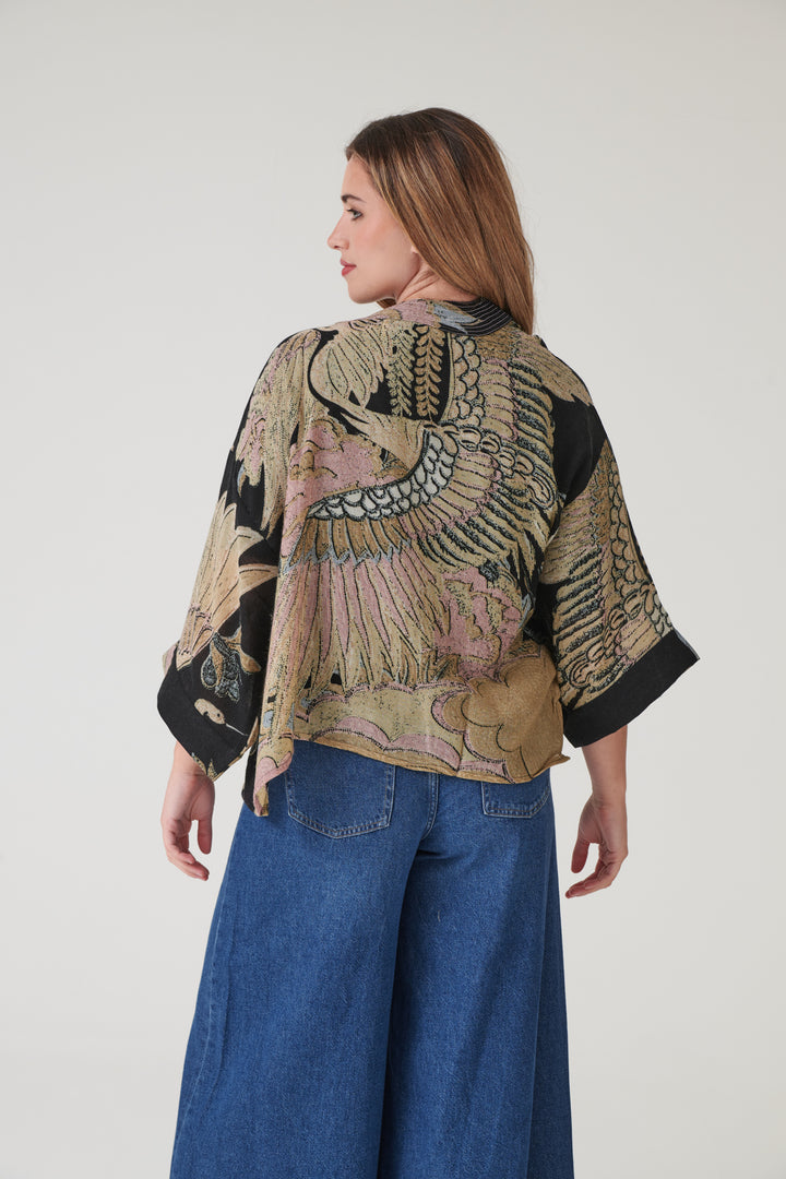 Crane Black Wool Kimono - One Hundred Stars