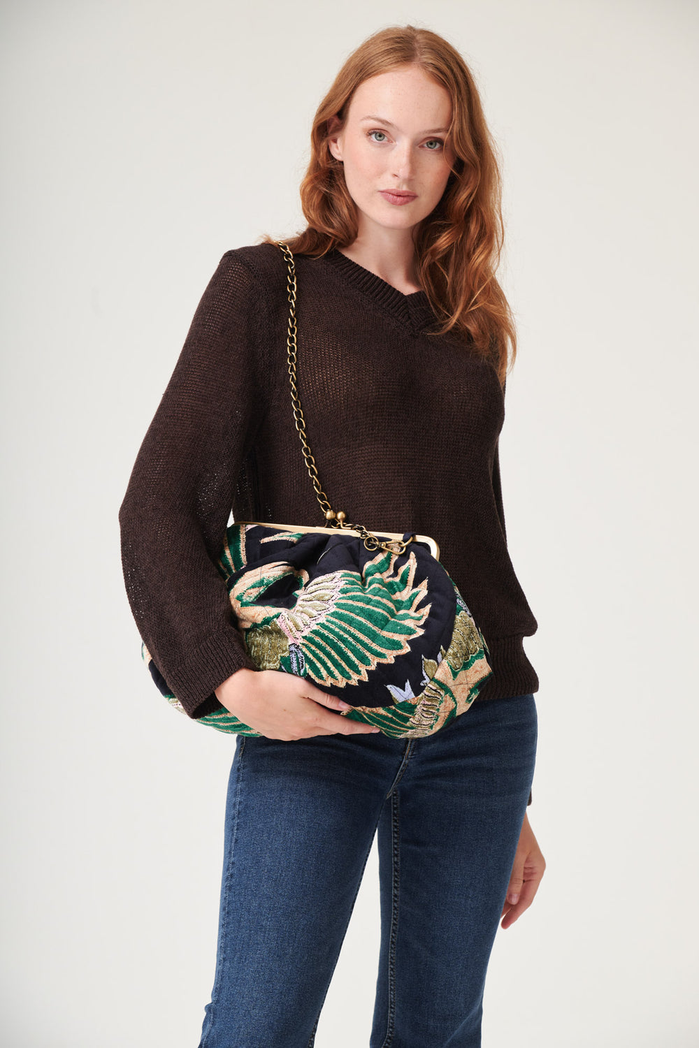 Crane Emerald Quilted Velvet Kiss Lock Bag - One Hundred Stars