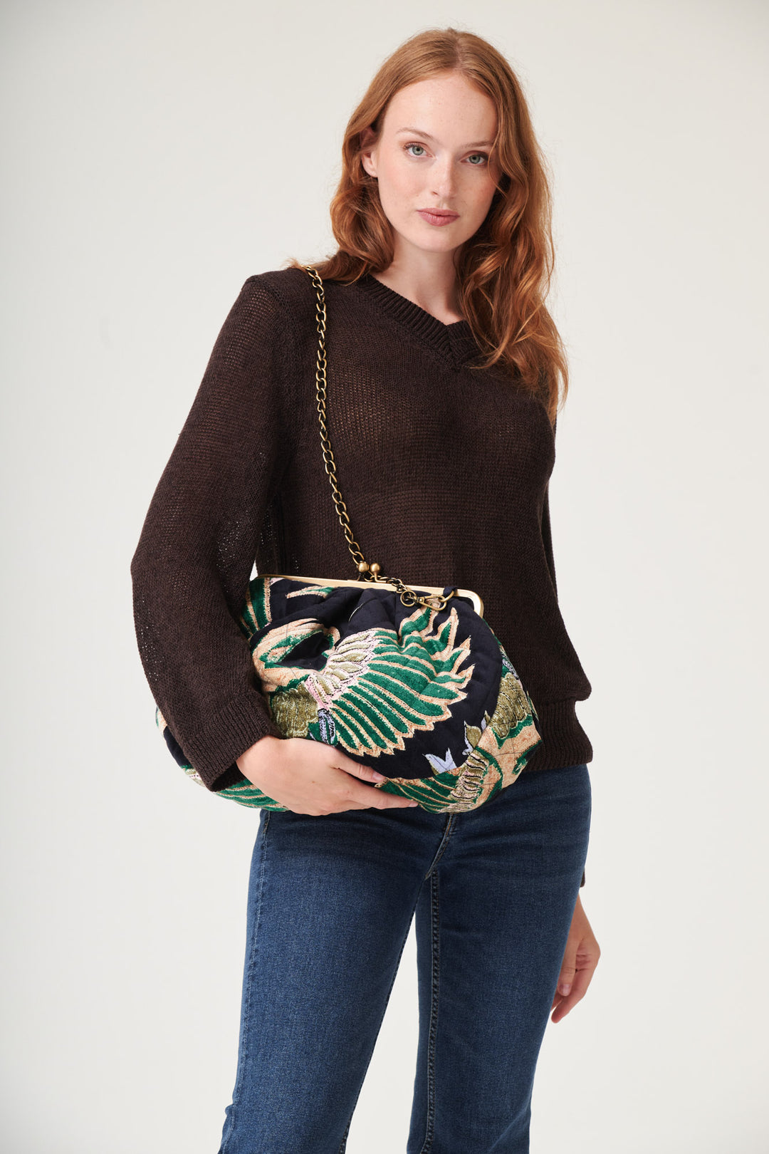 Crane Emerald Quilted Velvet Kiss Lock Bag - One Hundred Stars