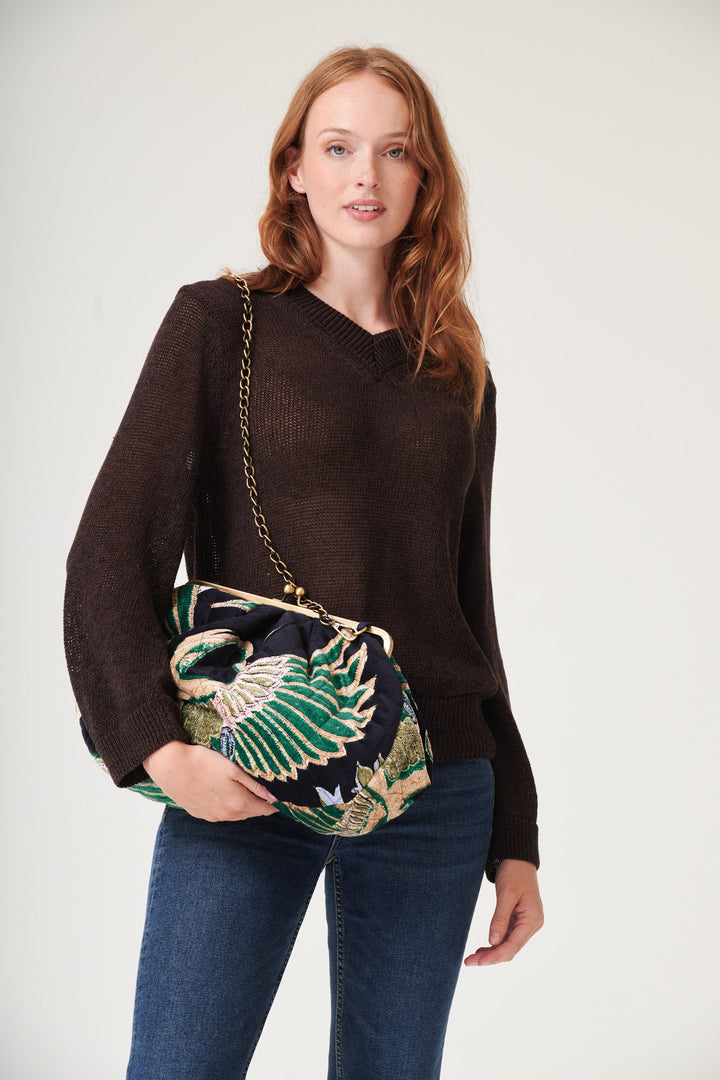 Crane Emerald Quilted Velvet Kiss Lock Bag - One Hundred Stars