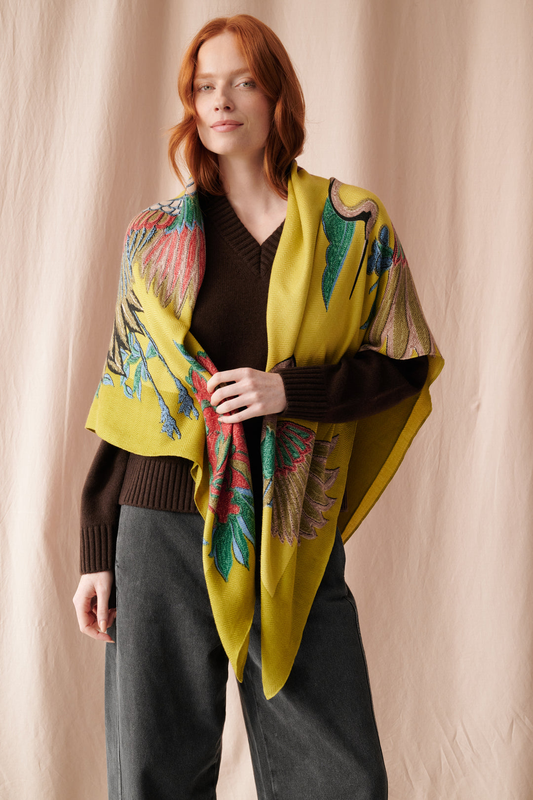 Crane Olive Wool/Silk Square Scarf - One Hundred Stars