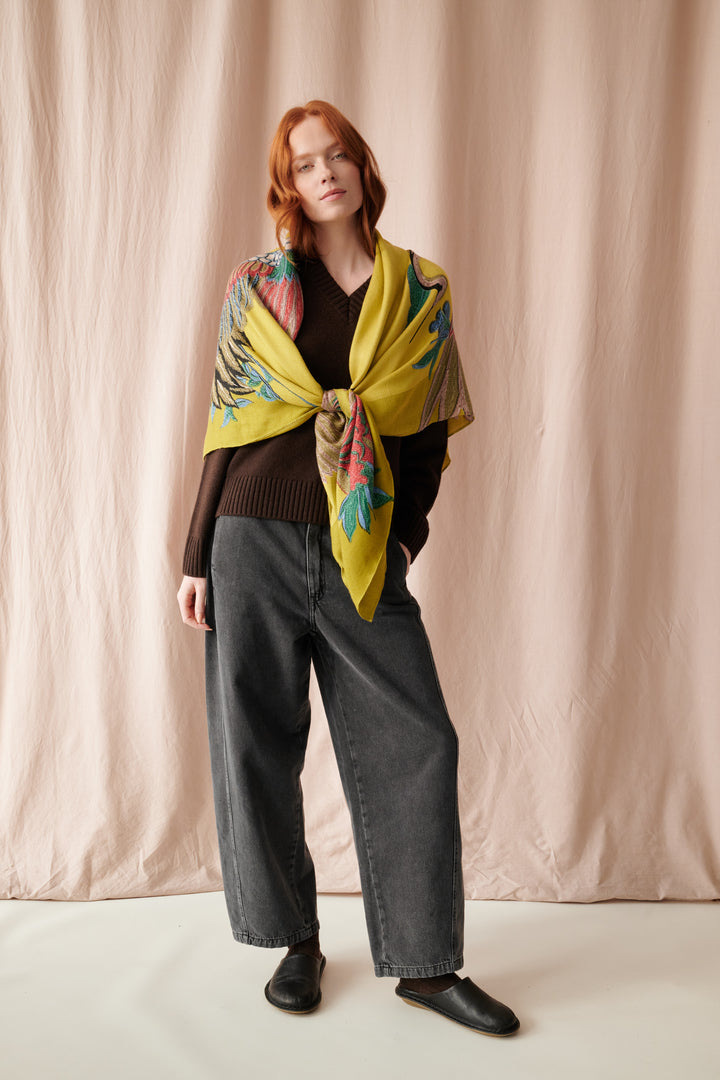 Crane Olive Wool/Silk Square Scarf - One Hundred Stars