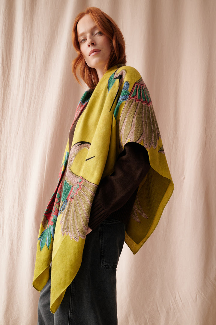 Crane Olive Wool/Silk Square Scarf - One Hundred Stars