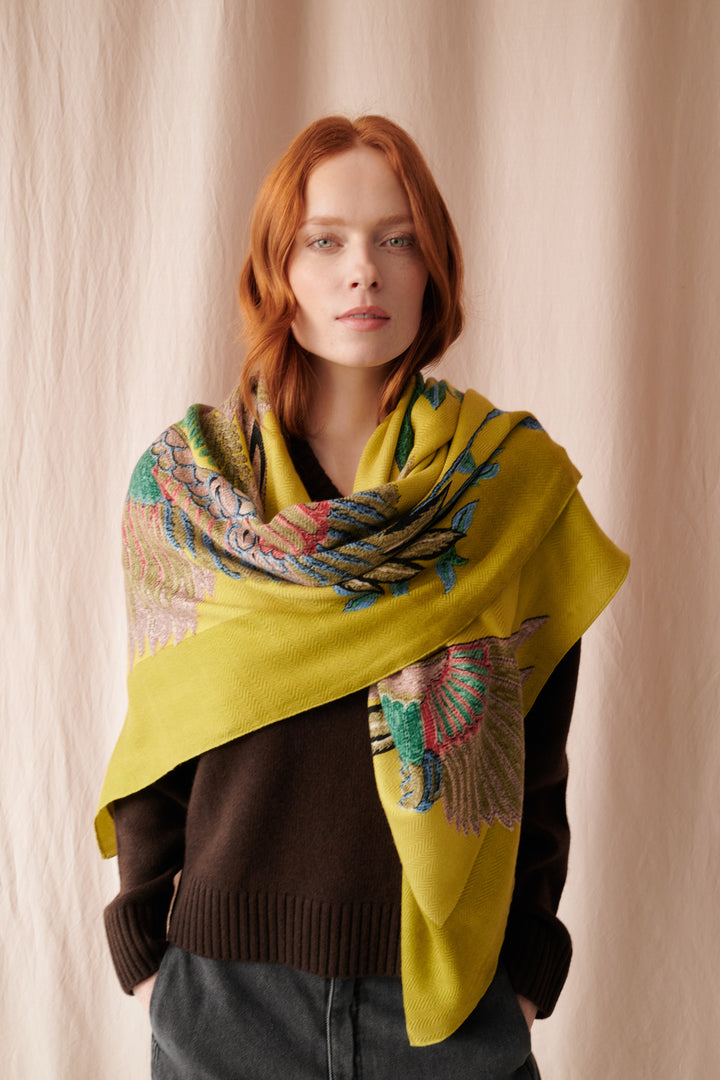 Crane Olive Wool/Silk Square Scarf - One Hundred Stars