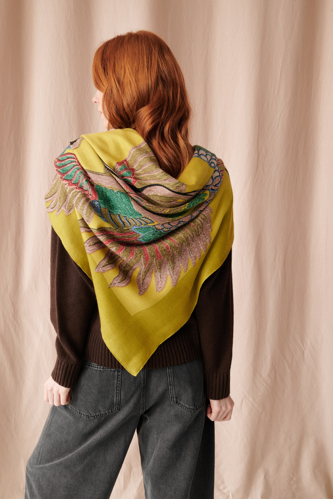 Crane Olive Wool/Silk Square Scarf - One Hundred Stars