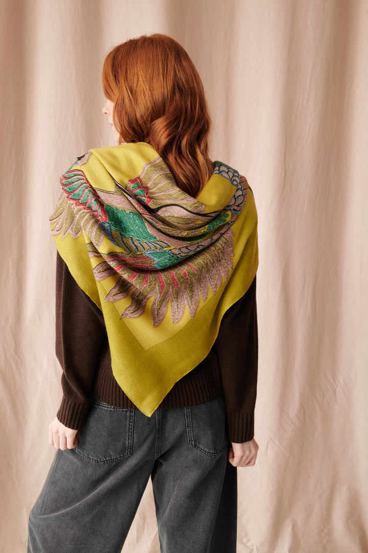 Crane Olive Wool/Silk Square Scarf - One Hundred Stars
