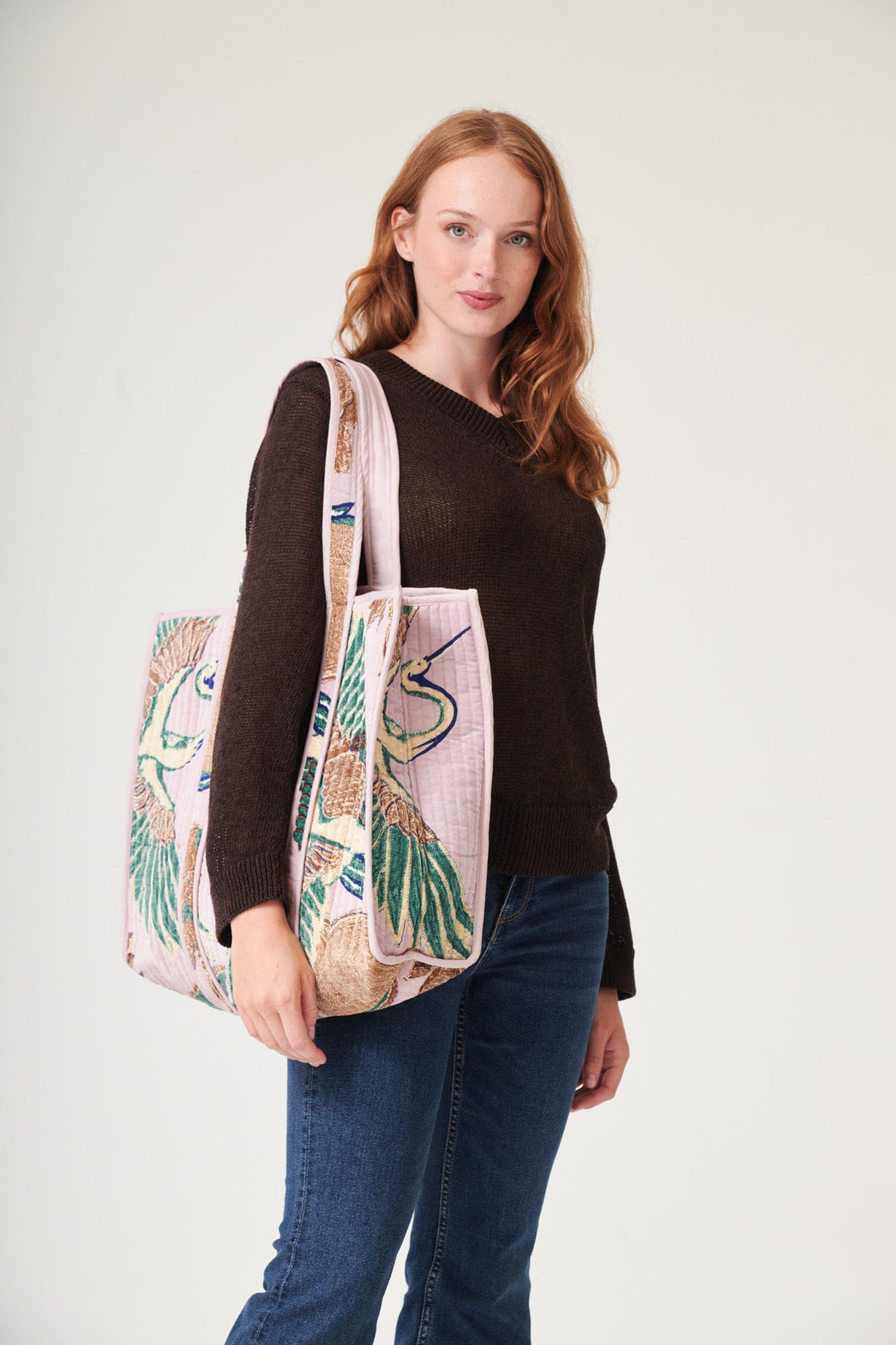 Crane Plaster Pink Large Velvet Tote Bag - One Hundred Stars