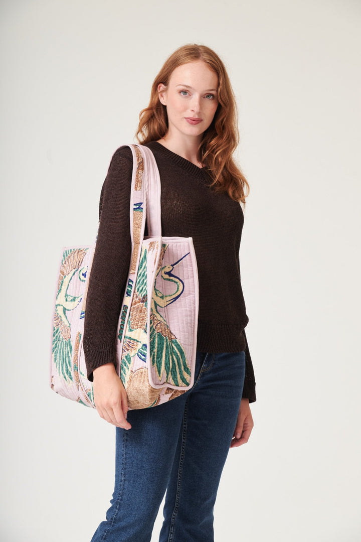 Crane Plaster Pink Large Velvet Tote Bag - One Hundred Stars