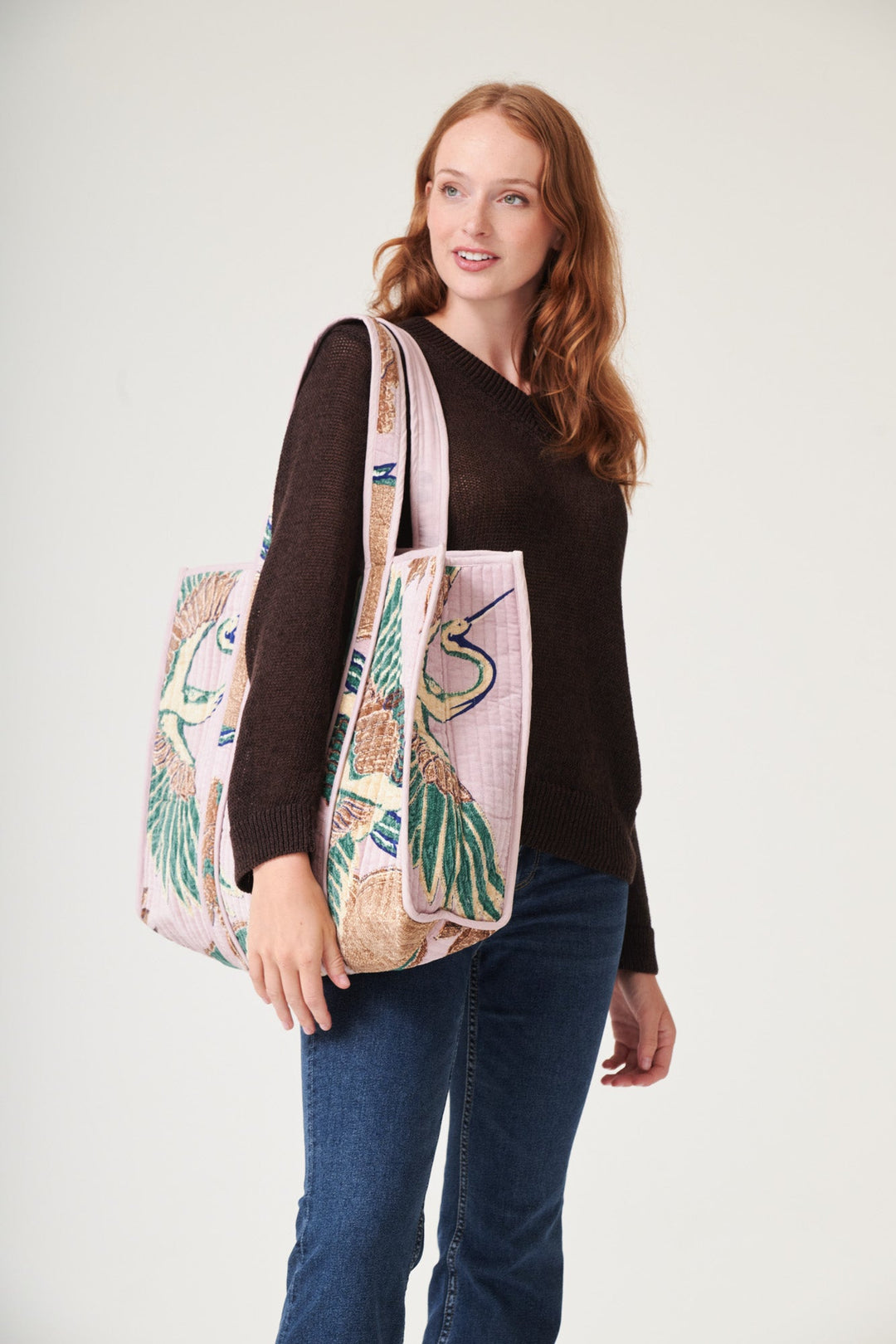 Crane Plaster Pink Large Velvet Tote Bag - One Hundred Stars