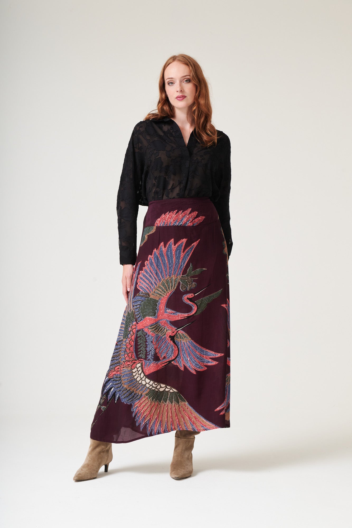 【美品】Crane Pattern Hand Printed Skirt Crane Plum A-line Maxi Skirt – One Hundred Stars