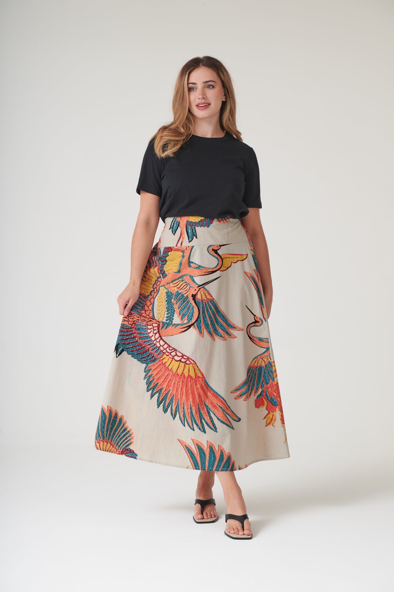 【美品】Crane Pattern Hand Printed Skirt Crane Stone A-line Maxi Skirt – One Hundred Stars