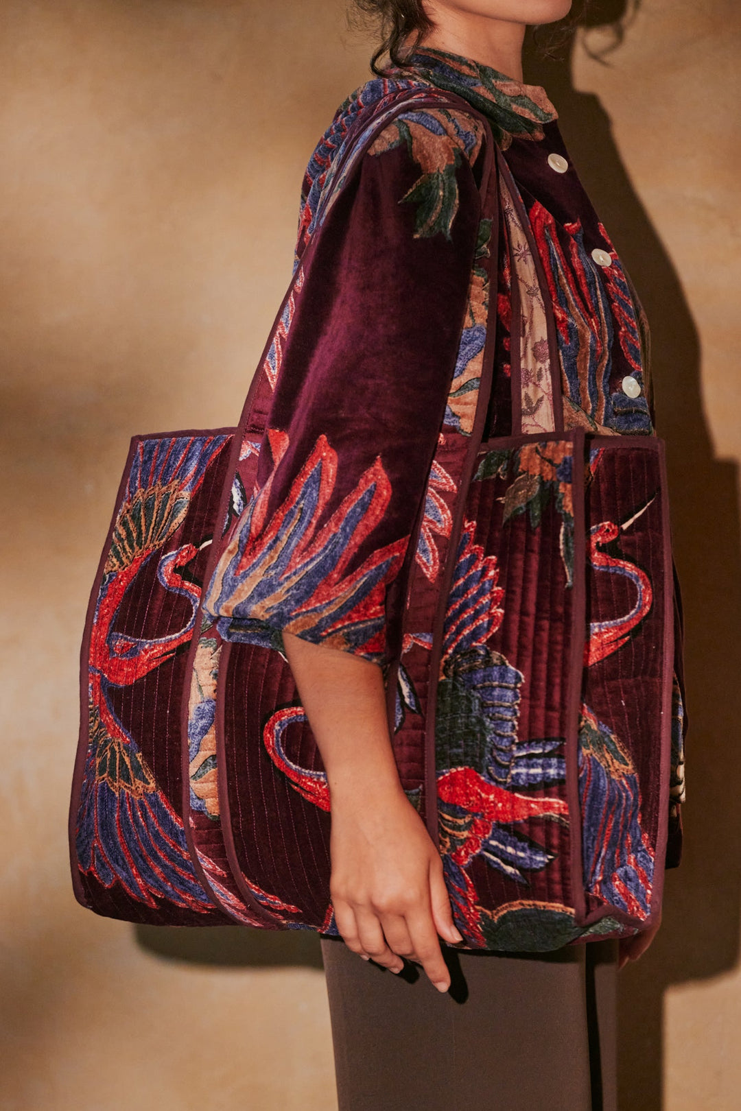 Crane Plum Large Velvet Tote Bag - One Hundred Stars