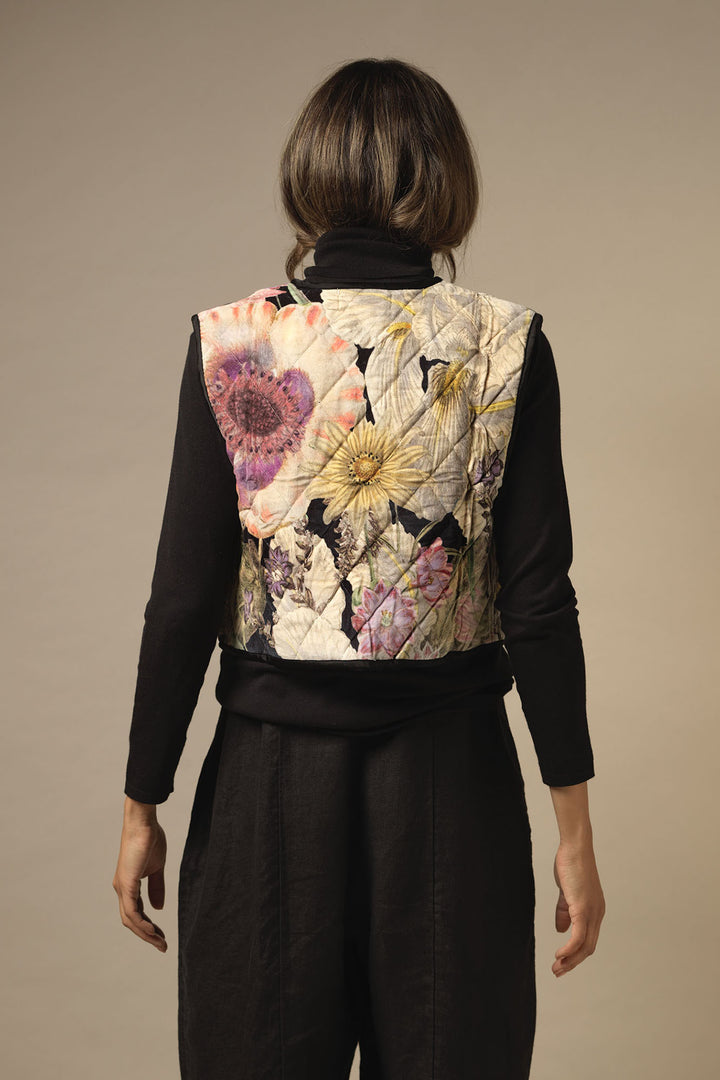 tie front velvet ladies gilet with a floral daisy print on a black background by One Hundred Stars