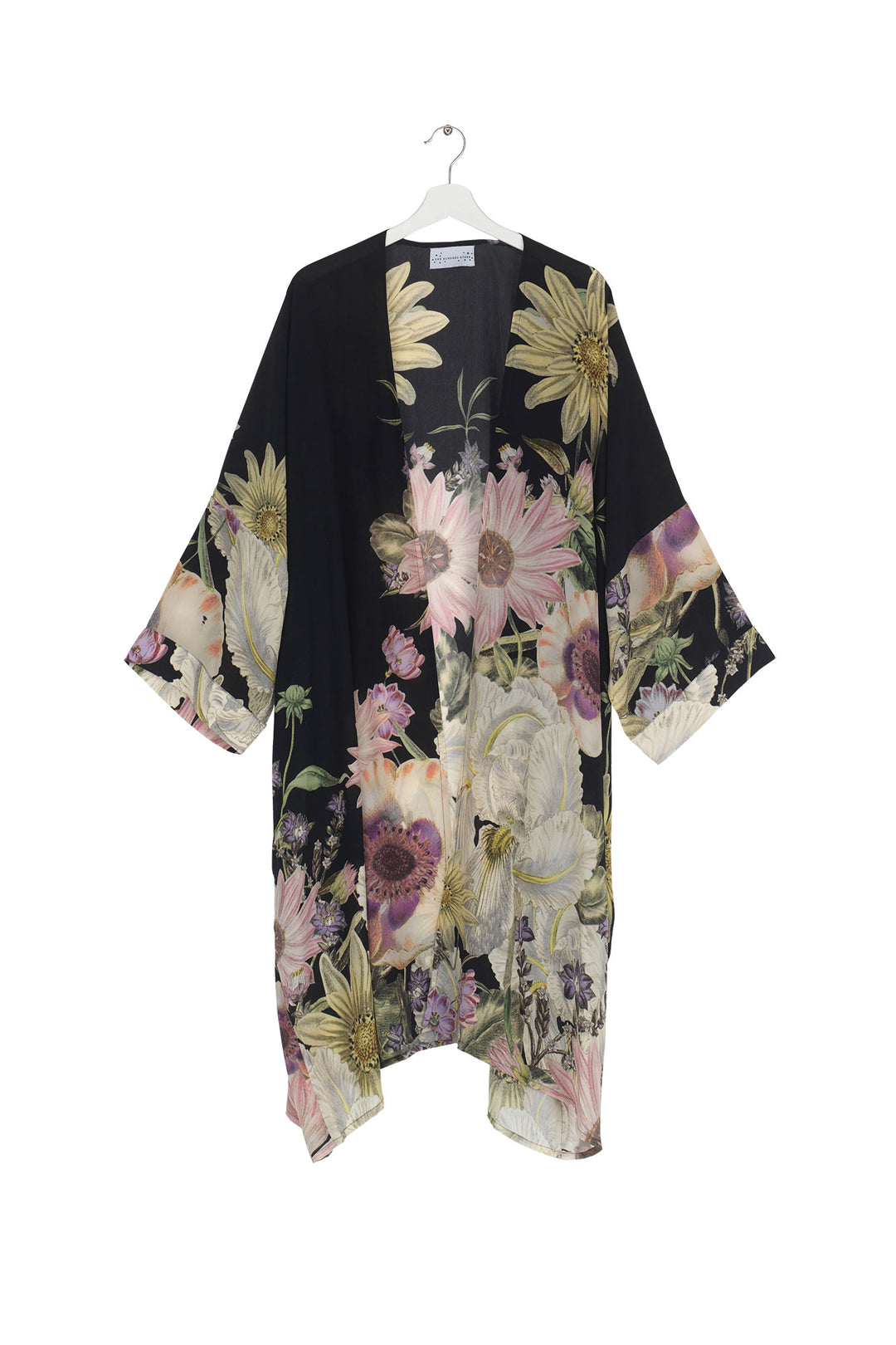 Women's long kimono in black with daisy floral print by One Hundred Stars