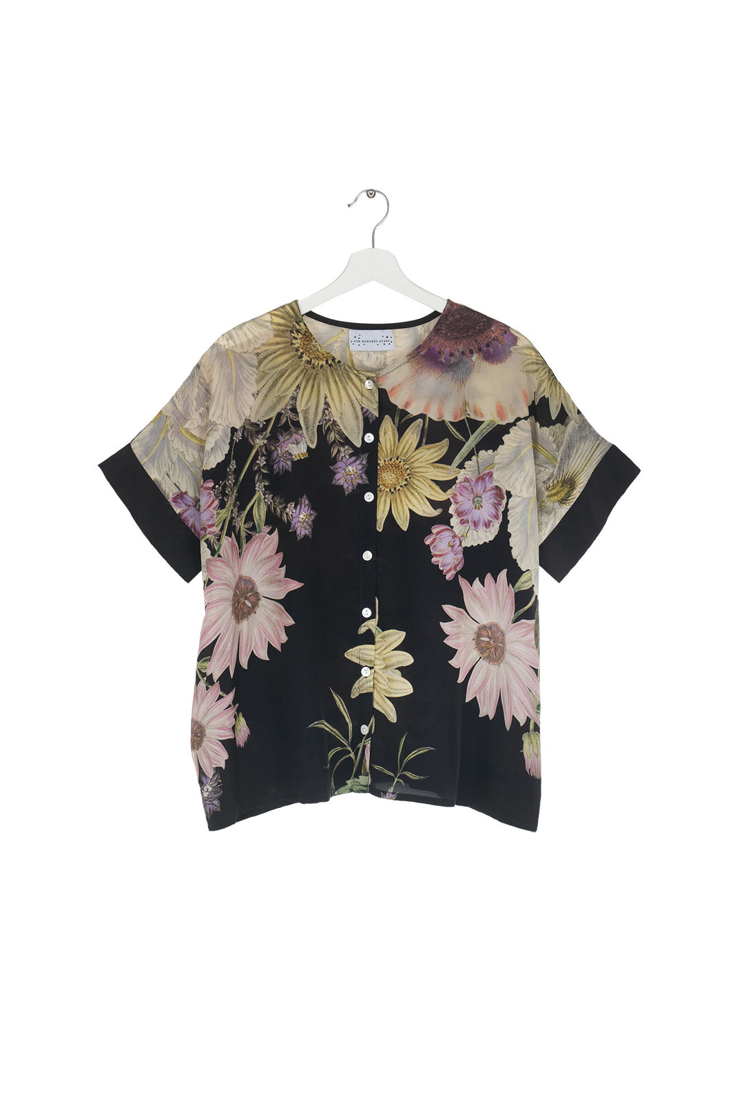 Women's button up short sleeve blouse in black with daisy floral print by One Hundred Stars