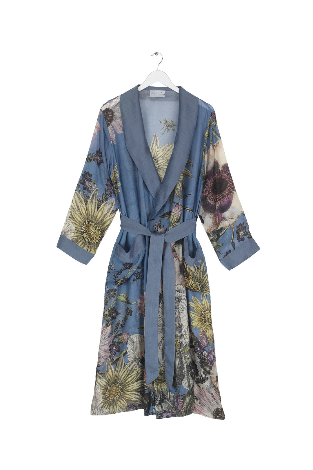 Women's lightweight loungewear gown in cornflower blue with daisy floral print by One Hundred Stars
