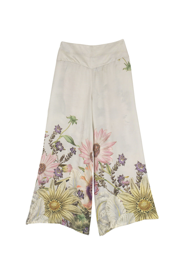 Women's satin palazzo trouser pants in stone with daisy floral print by One Hundred Stars