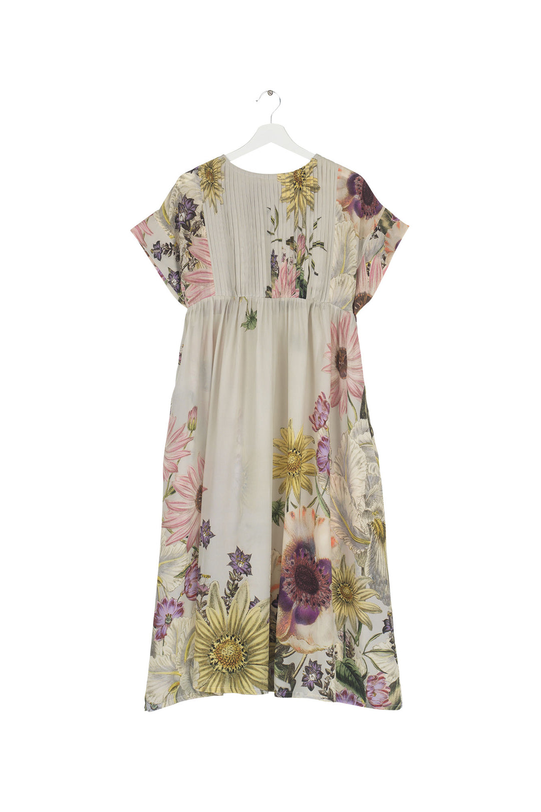 Women's short sleeve pleated dress in stone with daisy floral print by One Hundred Stars