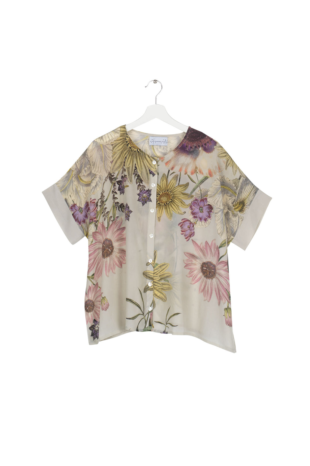 Women's short sleeve button up blouse in stone with daisy floral print by One Hundred Stars