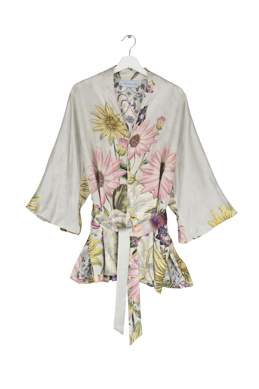 Women's satin wrap jacket in stone with daisy floral print by One Hundred Stars