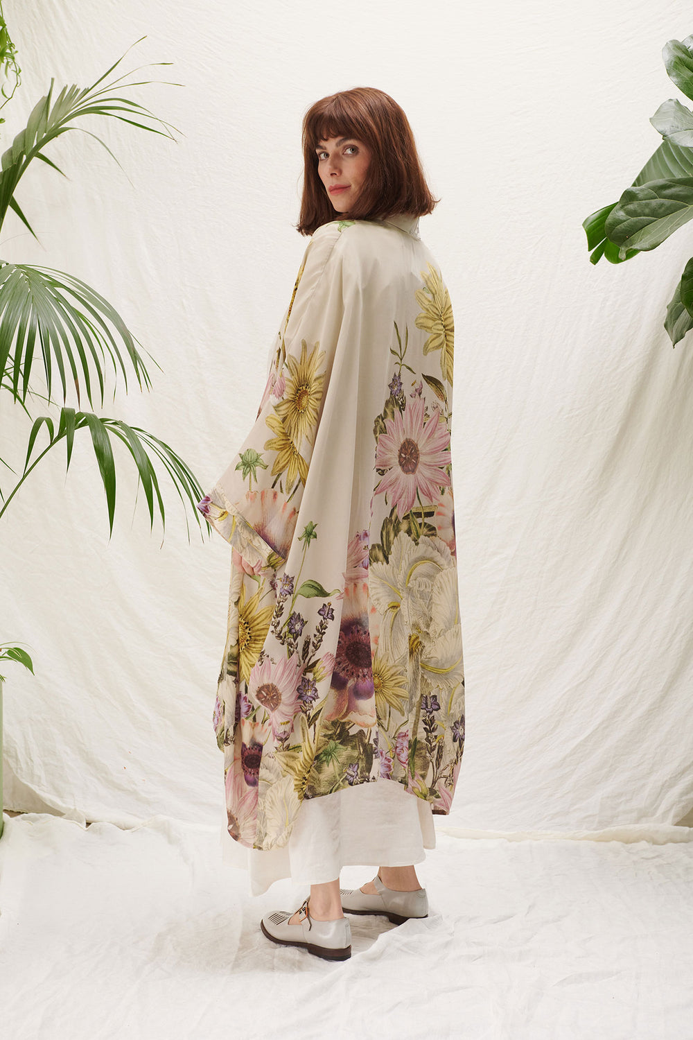 floral diasy and iris print long kimono in neutral and pastel colours by one hundred stars