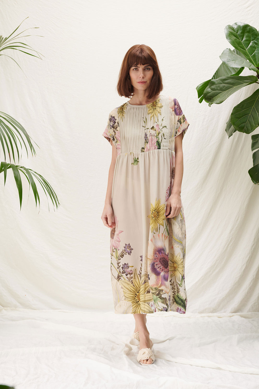 mid length dress for wedding guest with floral print by one hundred stars