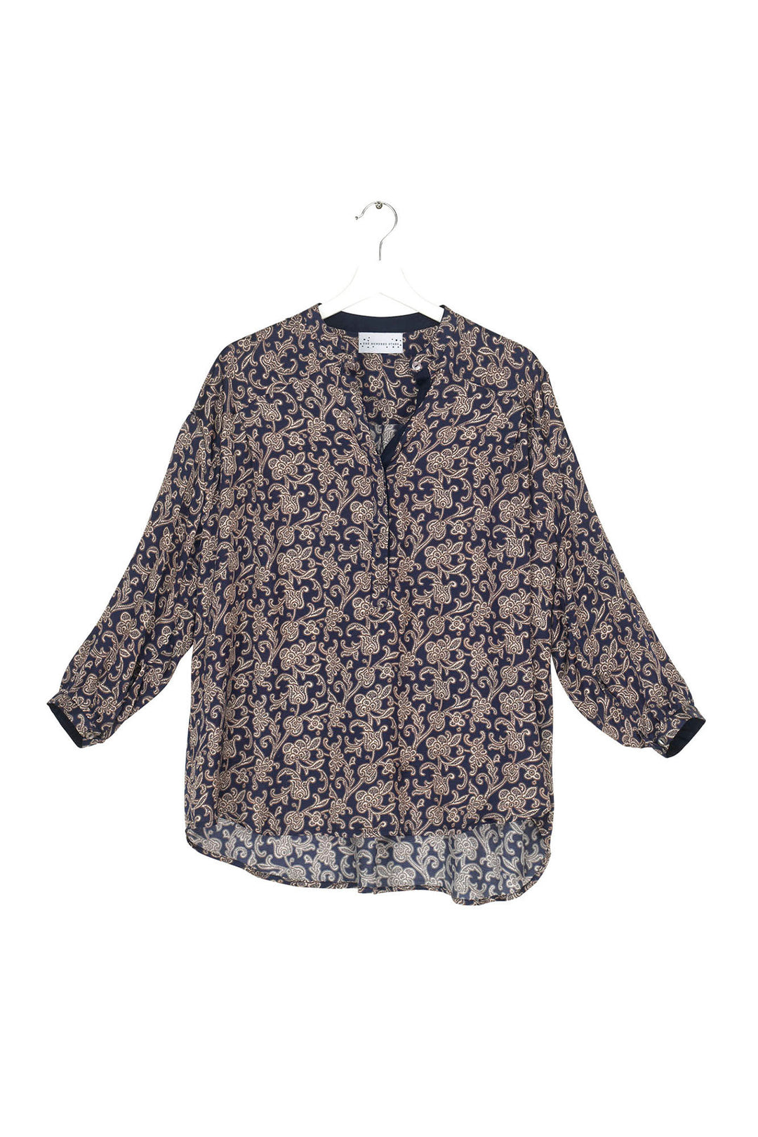 button up satin shirt in blue paisley print by One Hundred Stars