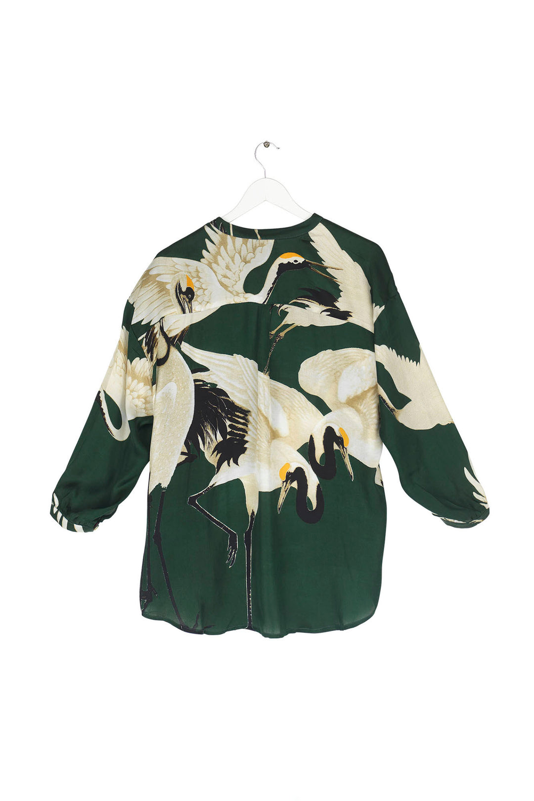 ladies long sleeve satin shirt green background with stork bird print by One Hundred Stars