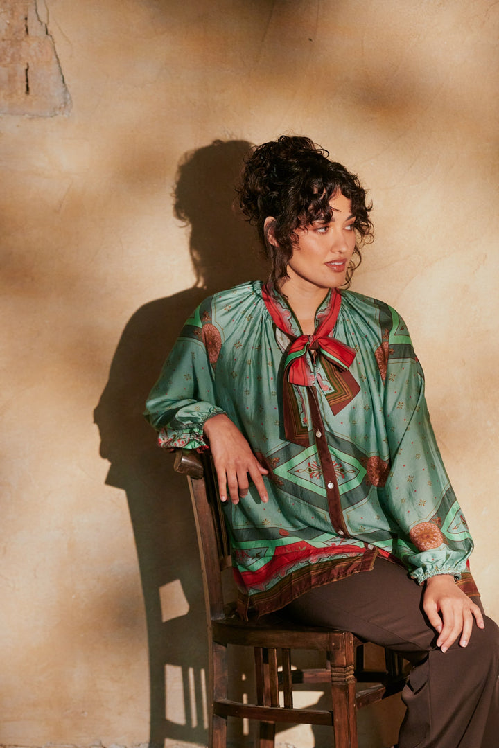 Fleur De Lys Aqua Pussybow Blouse - One Hundred Stars