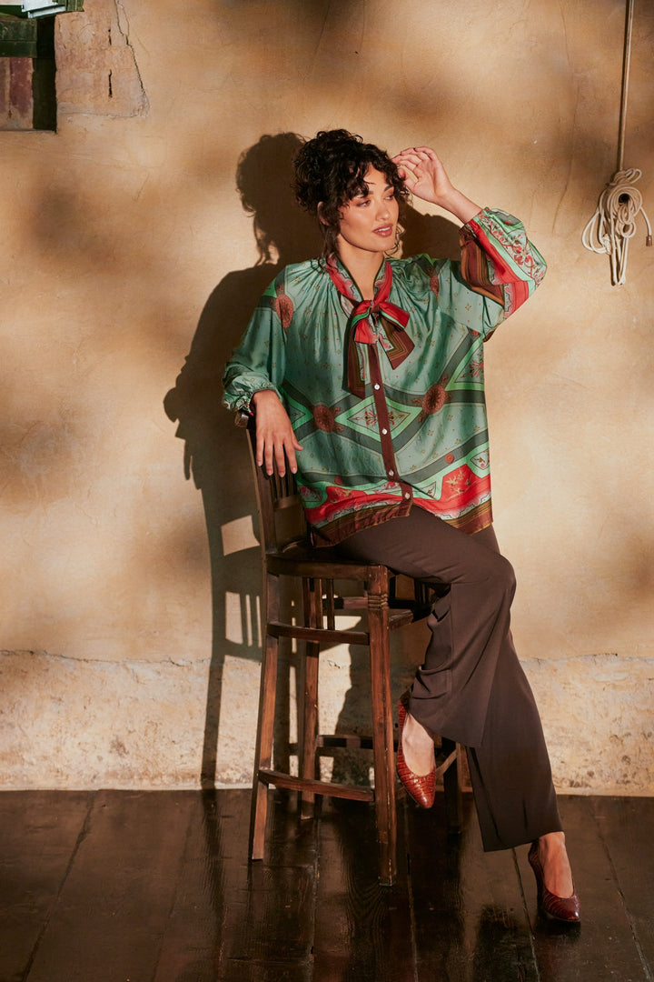 Fleur De Lys Aqua Pussybow Blouse - One Hundred Stars