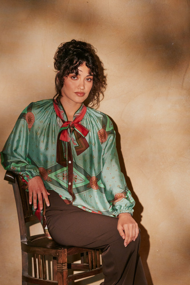 Fleur De Lys Aqua Pussybow Blouse - One Hundred Stars